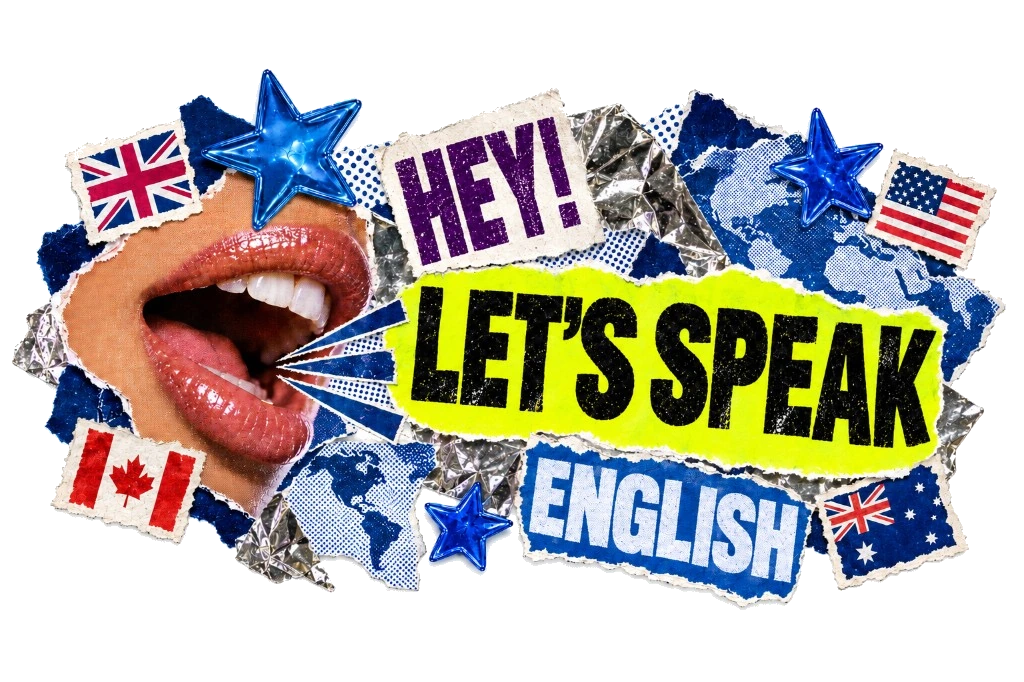 Коллаж Hey! Let’s speak English с флагами и рваной бумагой